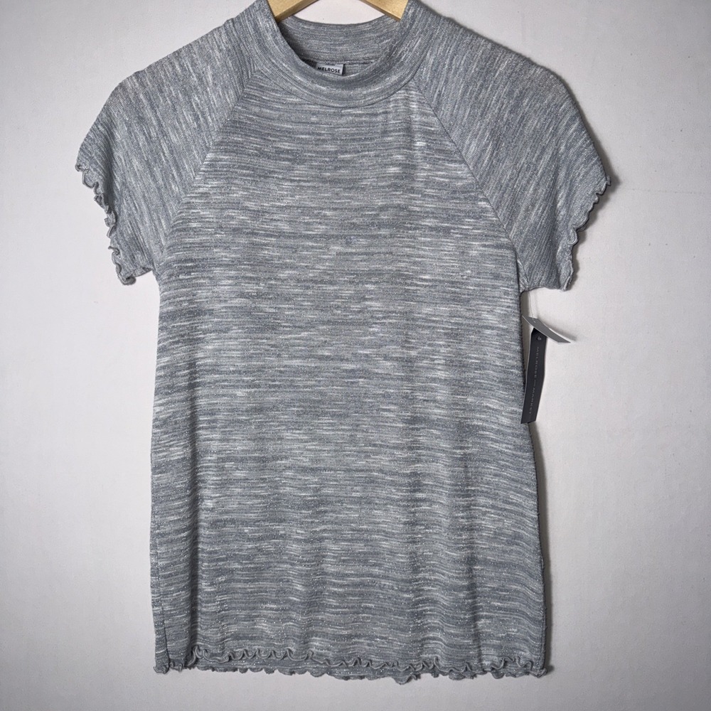 Melrose & Market Women's‎ Size M Short Sleeve Mock Neck Shine Grey Stretch